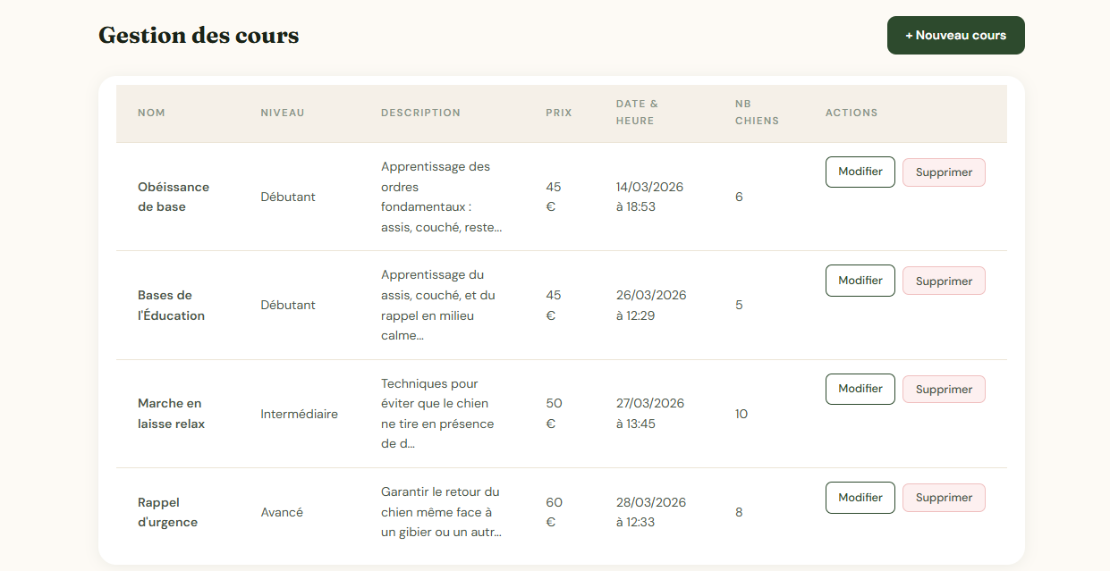 Vue administrateur - Gestion des séances
