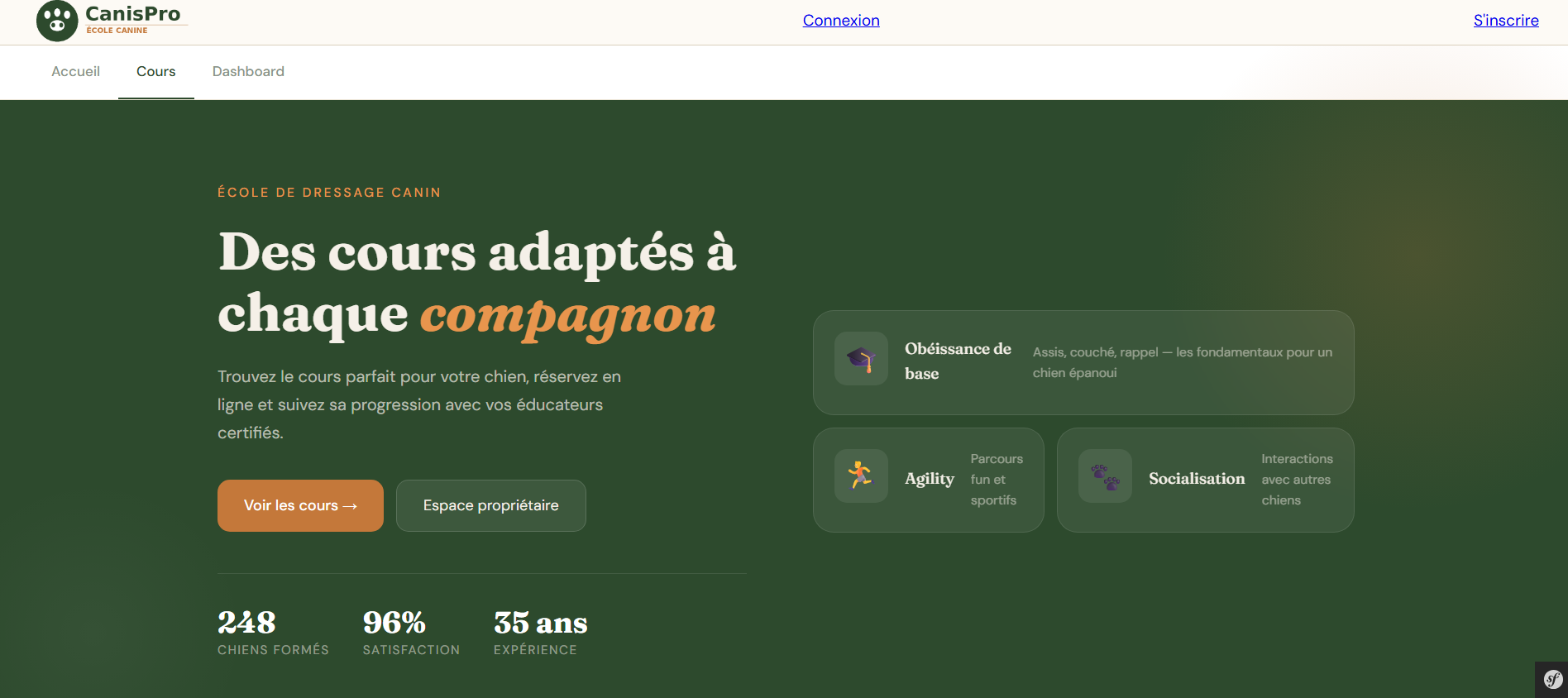 Aperçu de la page d'accueil du Projet CanisPro